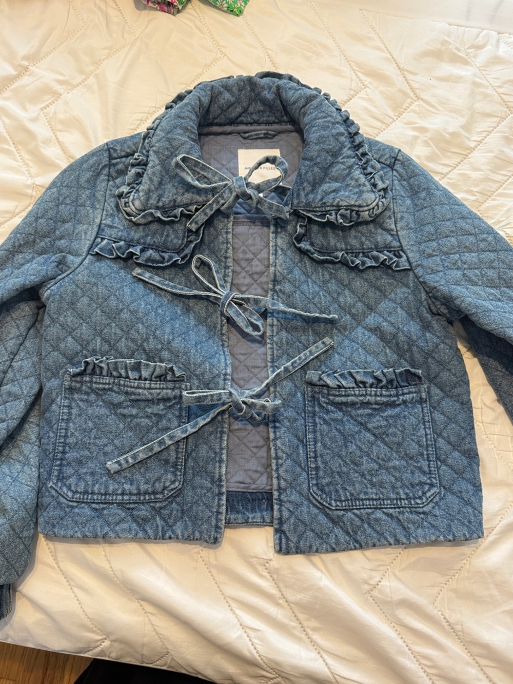 Avec Les Filles Quilted Denim Jean Jacket in Light Blue